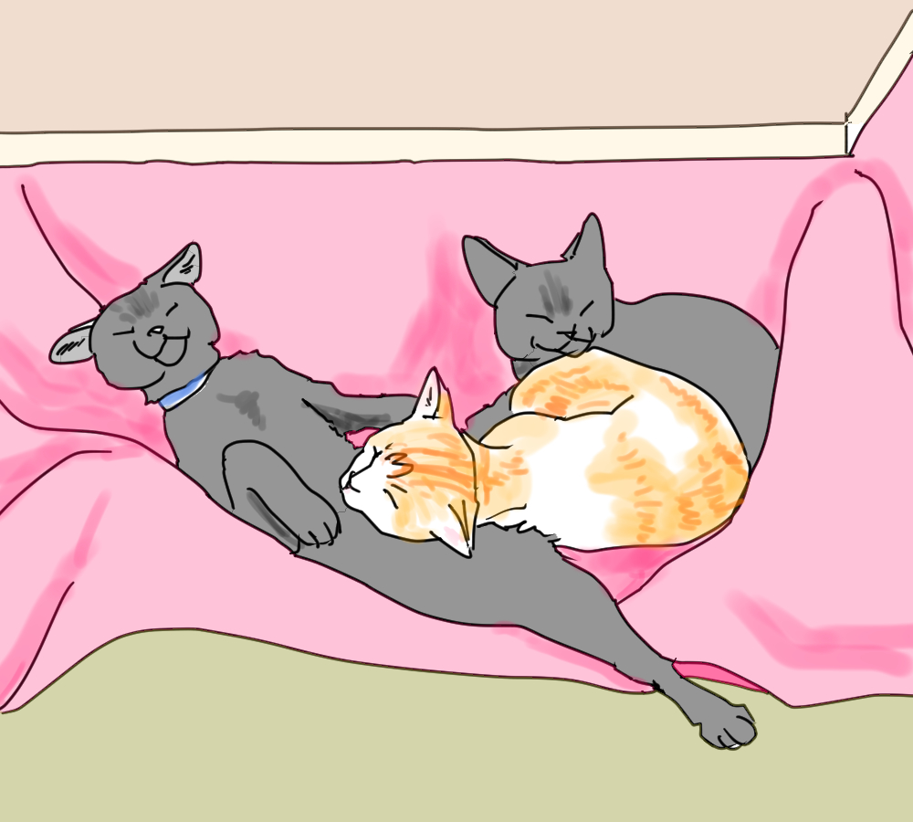 イラスト、こたつで3匹のネコが寝ている。
