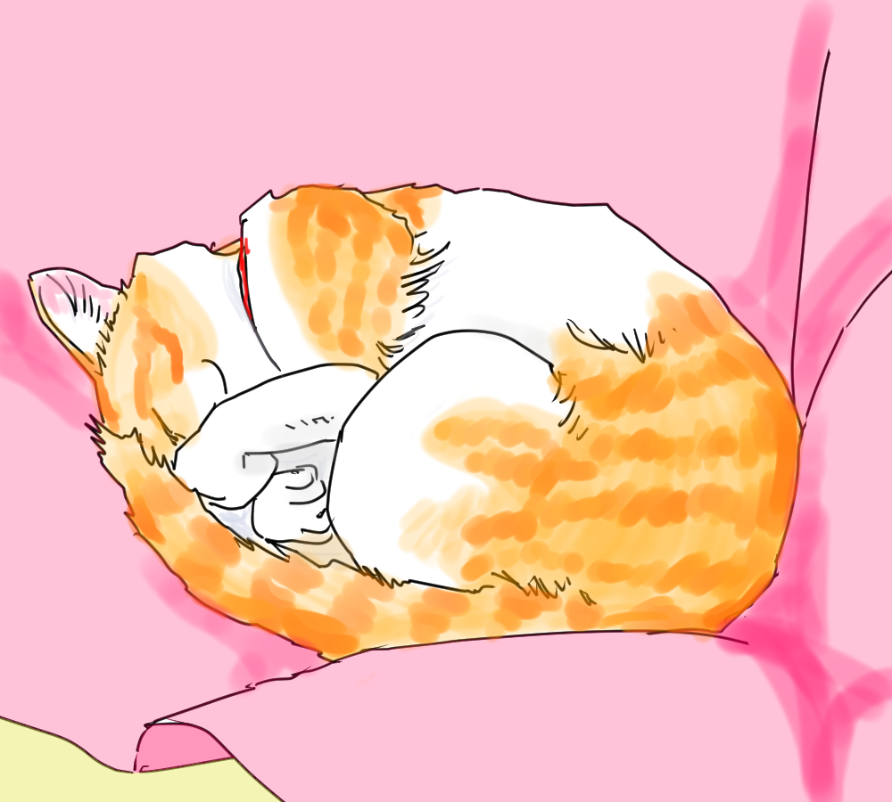 イラスト、こたつで猫が丸くなって寝てる。