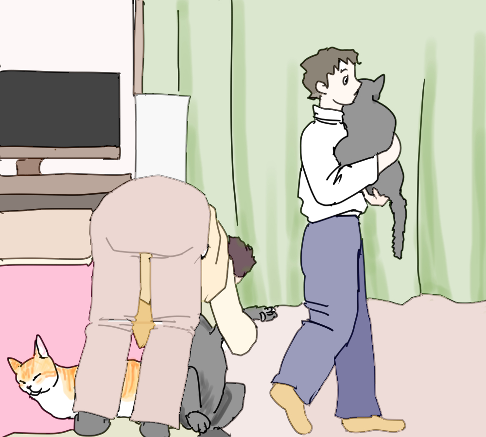イラスト、寝ているネコを１Fへ連れていく。