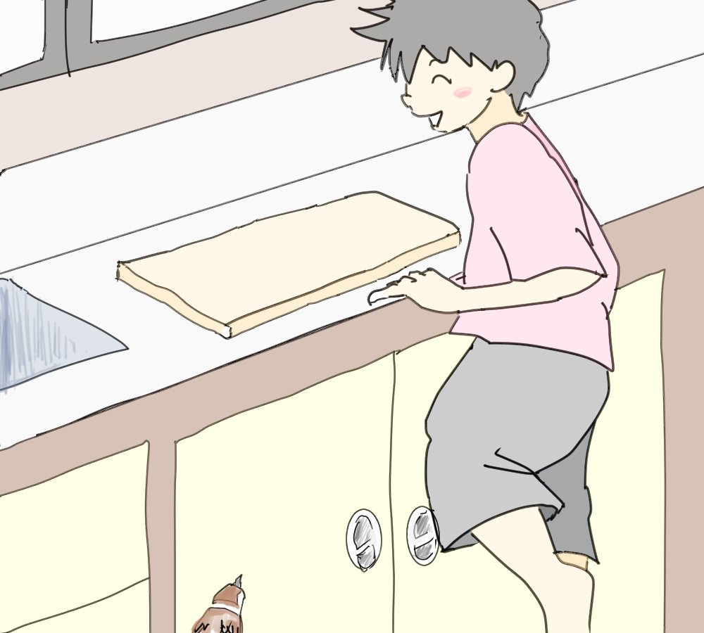 イラスト、家の中まで入って来るスズメ。私を見上げている。