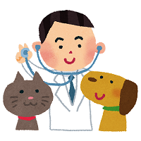 イラスト、犬と猫と一緒にいる獣医、聴診器を持って