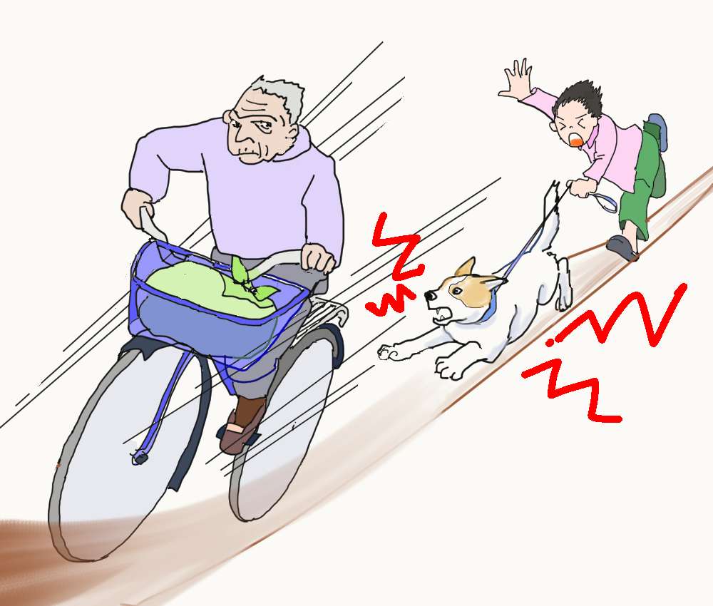 イラスト、自転車で逃げる賽銭泥の男を犬が飼い主を引っ張りながら追いかける