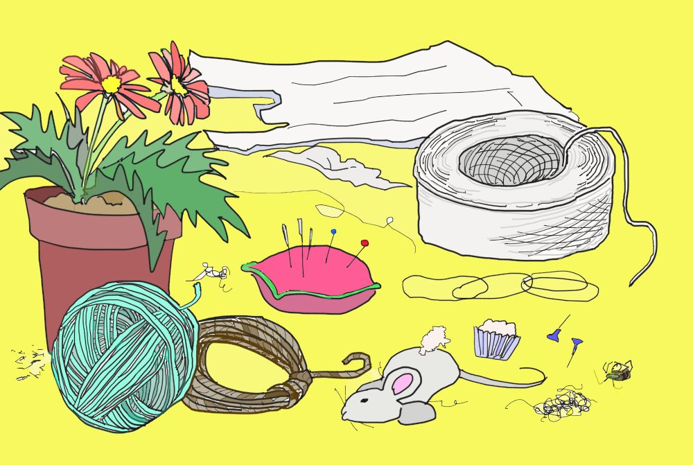 イラスト、ネコが誤飲しやすいもの：ひも類、毛糸、糸くず、昆虫の死骸、画鋲、針、輪ゴム、植木鉢の土や葉、ビニール類