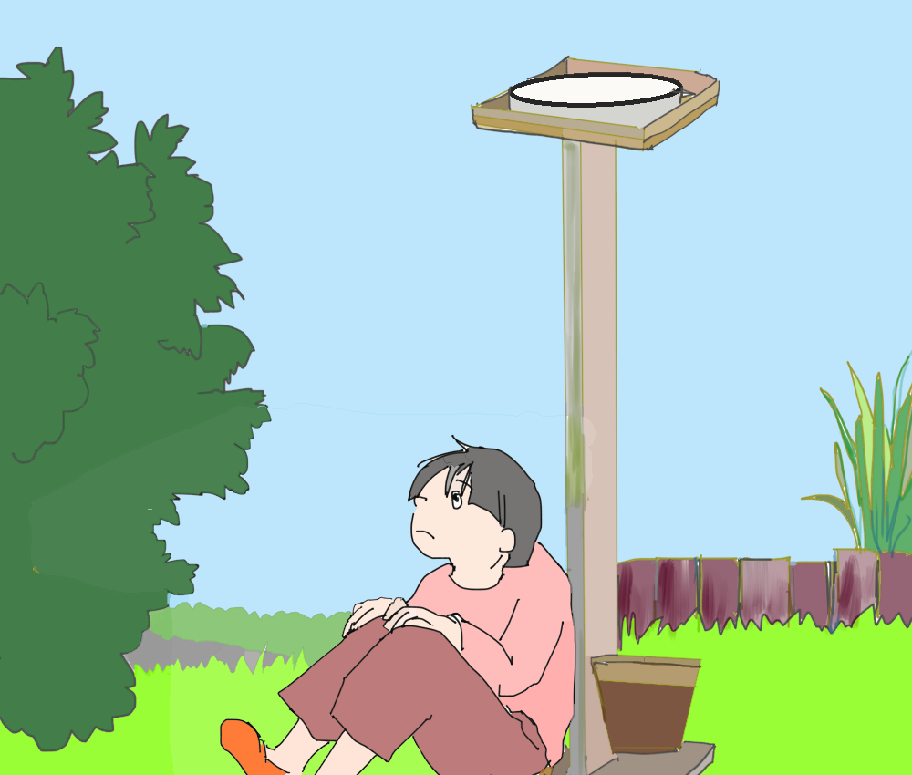 イラスト、エサ台の下に座り込んでスズメが来るのを待つ女の子